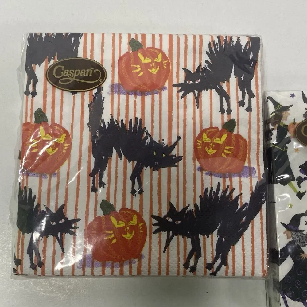 Decoupage Paper Napkin 2pks Caspari Halloween Witch Cat Pumpkin Mint